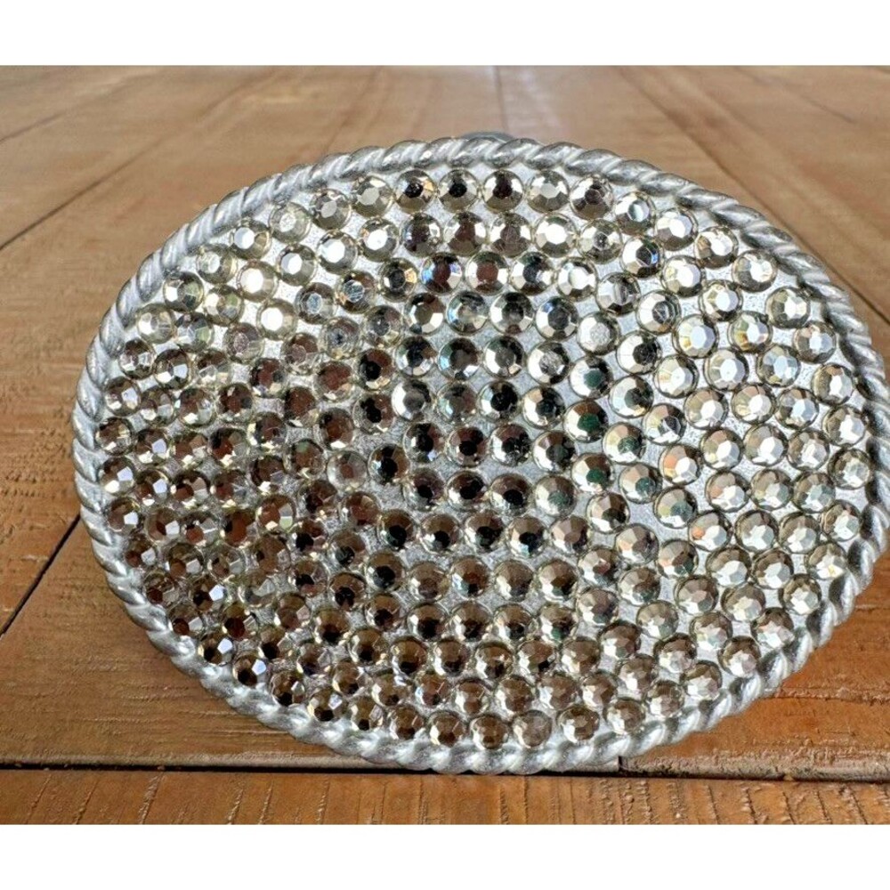 Western Crystal Silver Oval Metal Womens Large Belt Buckle Made in Usa